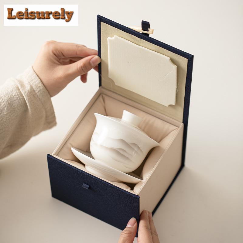 Boutique Sheep Fat Jade Porcelain Gaiwan Aesthetic Ink Mountains Tea Brewing Cup Tea Tureen Tea Maker Cover Bowl Tea Items Craft