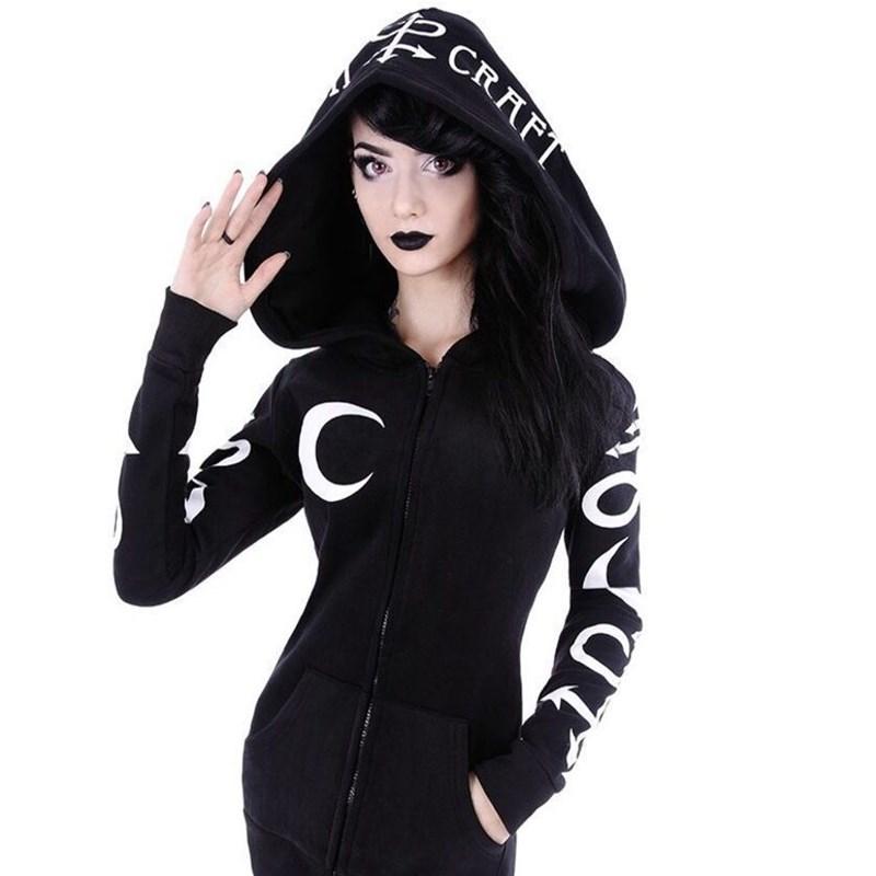 

Крутое женское модное пальто для косплея, куртка с капюшоном и принтом в готическом стиле, в стиле панк, с длинными рукавами, толстовка с ведьмой и луной, толстовки на молнии, плюс S чёрный