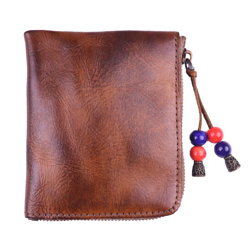 Head Layer Cowhide Wallet for Men, Vintage Vintage Vintage Tanned Leather Wallet for Women, Minimalist Japanese Zipper Wallet