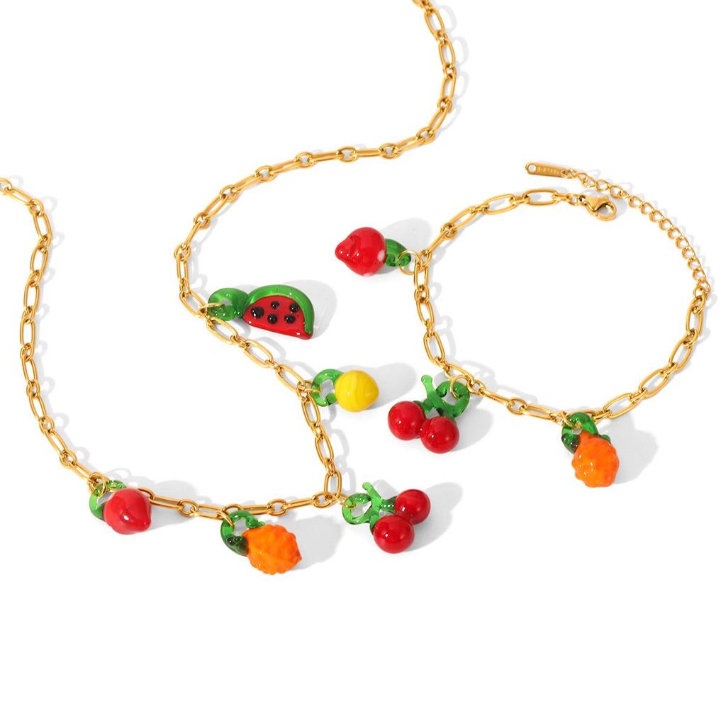 18K Vergoldete Edelstahlkette mit Fruchtanhänger und Titanstahlarmband für Damen