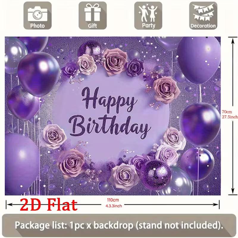 2D Purple Shimmer Happy Birthday Backdrop Rose & Balloon Photography Banner 47.2x31.5inch/120*80cm