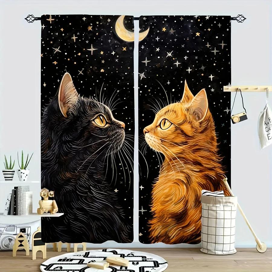 2pcs- Orange Cat Pattern Printed Curtains Under the Starry Sky, Bag-type Curtains, Home Decoration, Room Decoration