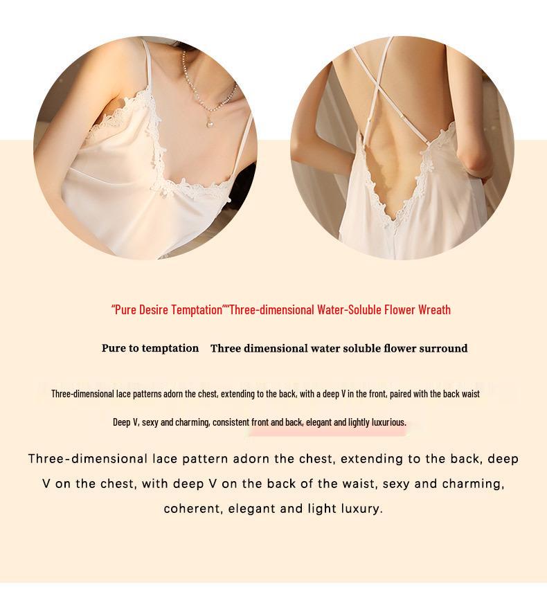 French-Style Backless Nightgown with Built-In Bra, Deep V-Neck, Spaghetti Straps, High Slit, and Mesh - Pure, Alluring, Sexy.