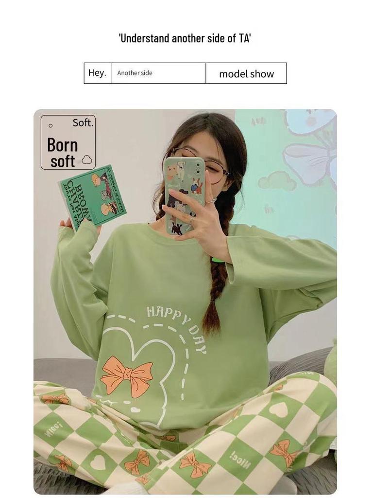Women's Plus Size Cartoon Pajama Set: Long-Sleeve Spring/Fall Home Wear, Loose Fit, Suitable for Outdoors