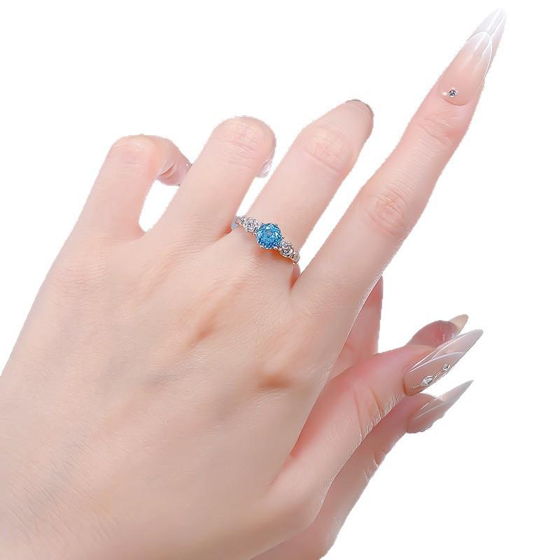 MooKing Jewelry Rose Wreath Aquamarine Light Luxury Rose-Cut Wedding Ring