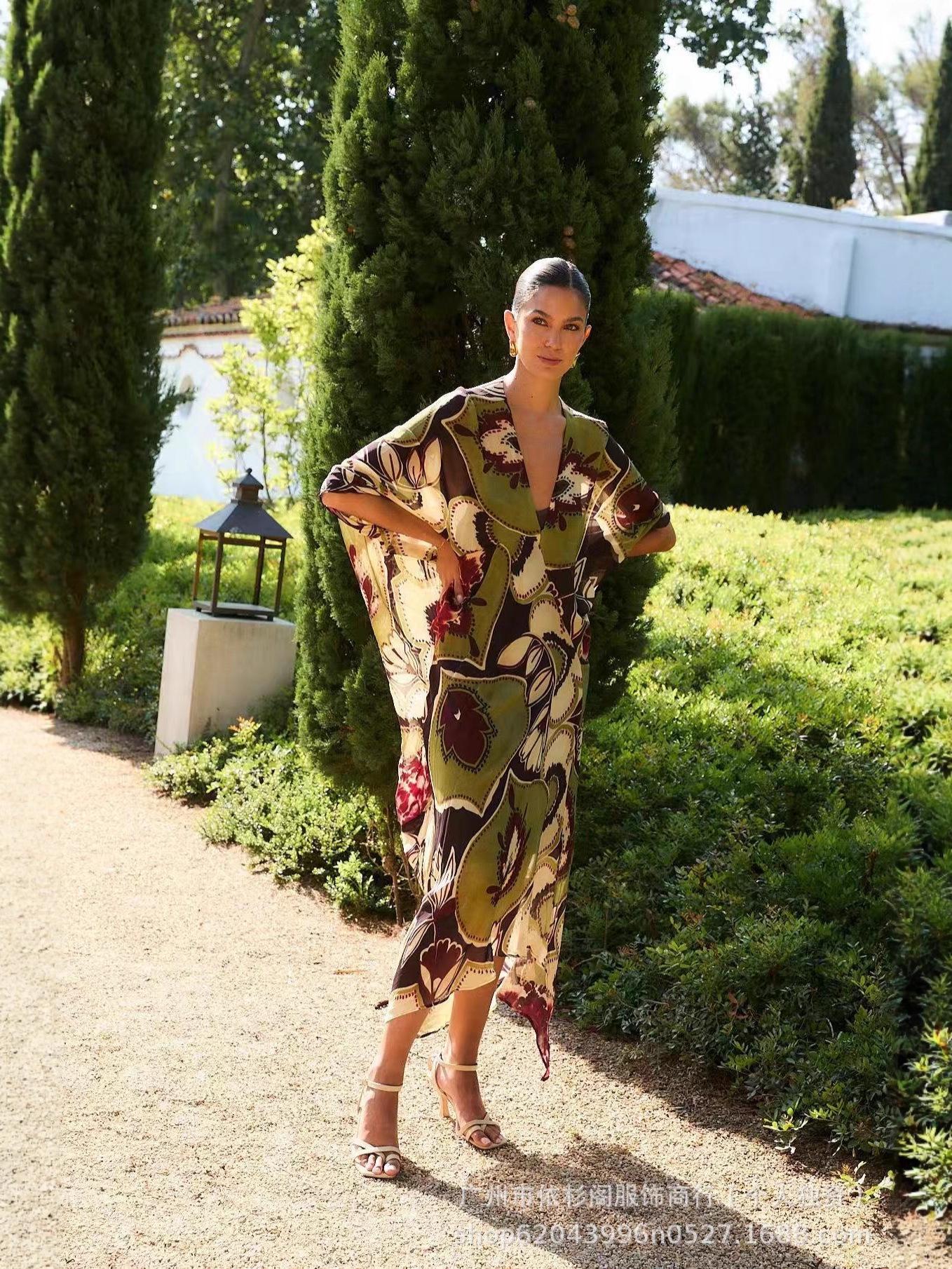 

2025 New Style Printed V-Neck Irregular High-End Long Loose Dress L оливковий колір