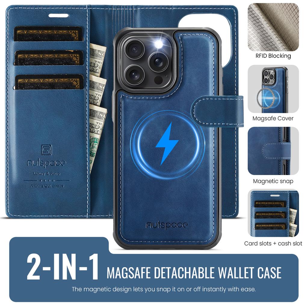 2-in-1 Magnetic Detachable Wallet Case for iPhone 16/16 Pro/16 Pro Max/16 Plus/16e - PU Leather, Card Slots, MagSafe Charging, 360° Protection