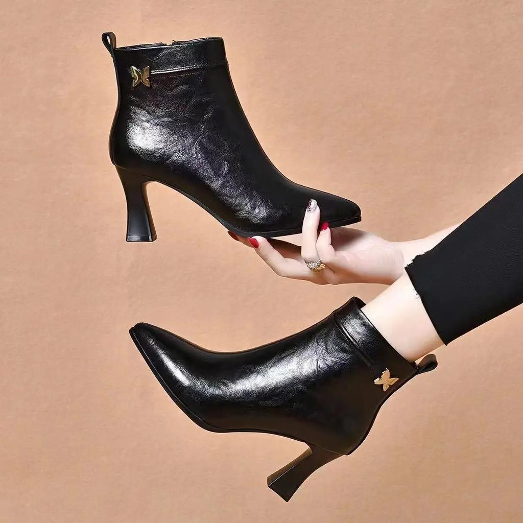 Fashion Woman Short Shoes Pointed Toe Fur Black Leather Ankle Boots for Women Fashion 2025 Pu Boot Autumn Large Size Warm Goth Booties