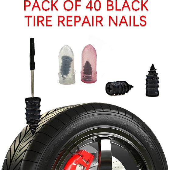 40-Pack Tire Repair Nails Plugs 2 Sizes with Screwdriver for Car | 40-pack 2 sizes rubber plugs, includes screwdriver, fast self-service repair, fits