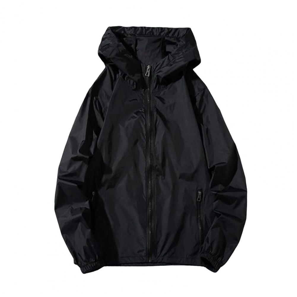 Men Summer Sun Coat Hooded Long Sleeve Zipper Placket Anti UV Jacket with Pockets Solid Color Outdoor Ice Silk Outwea