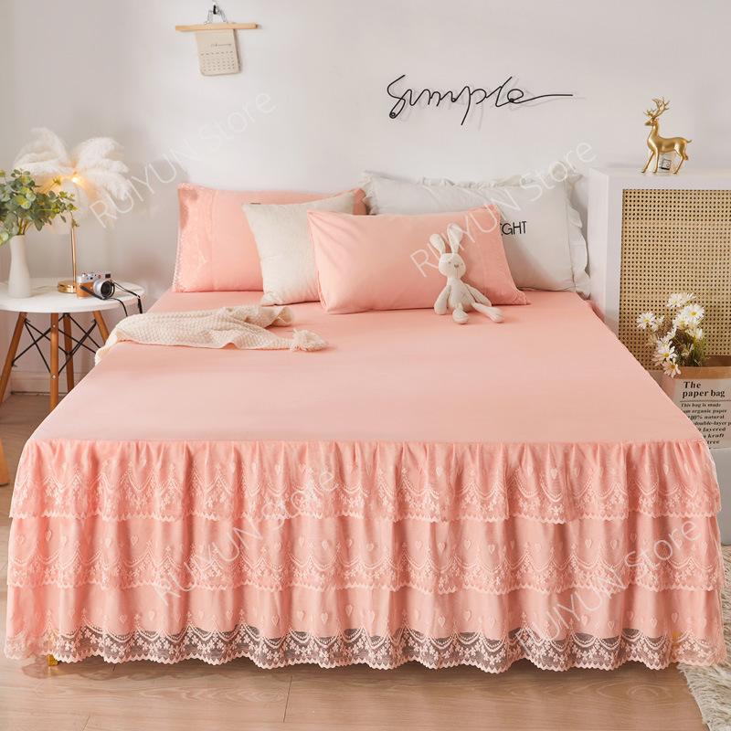 Solid Princess 3 Layers Bed Skirt Non-slip Mattress Cover Lace Ruffled Bed Skirt Bedsheet Bedroom Bed Cover Bed Skirt Bedspread
