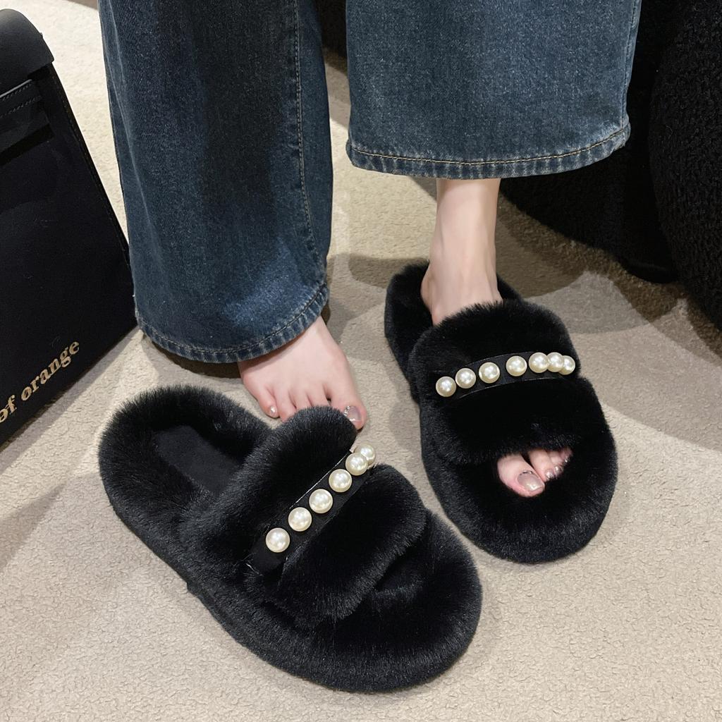Fashion Women's Slippers Fluffy Flip Flops Furry Slides Letter Decor Flat Faux Fur Sandals  Gift  zapatillas de mujer