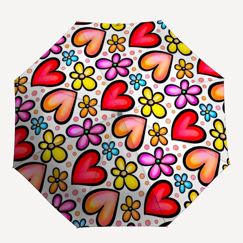 1pc Heart Flowers Pattern Automatic Folding Umbrella Durable Iron Frame,All Seasons Home Travel Outdoor Multifunctional Umbrella yy251115126
