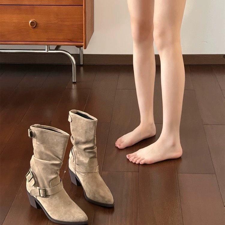 French Retro Pointed Thin Boots New Stacked Versatile German Autumn and Winter Boots Belt Buckle Pleated Thick Heel Short Boots Women