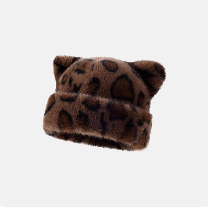 Chapeau bonnet en peluche imprimé léopard pour femmes, doux et mignon, épais et chaud, rétro et polyvalent, avec capuche. marron