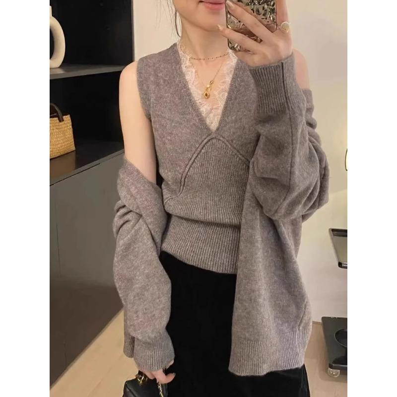Soft Waxy Lazy Wind Knitted Cardigan Vest Two-piece Set Women's Solid Color Sweater Jacket Autumn and Winter New Set Women