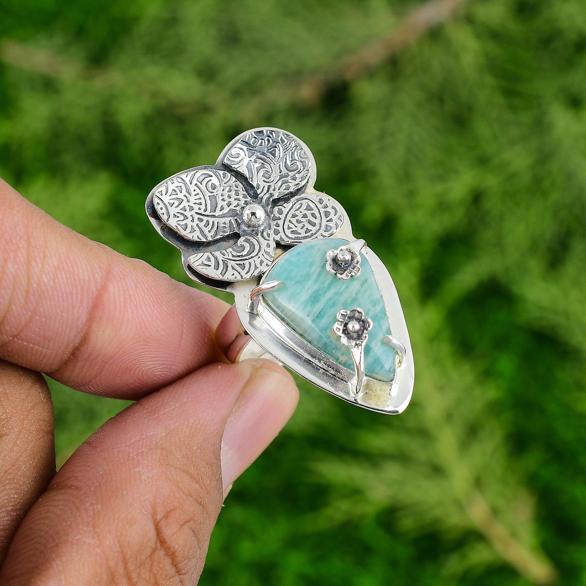 

Серебро 925 пробы Груша Амазонит Камень Жена Солитер Цветок Сердечная чакра Кольцо Ювелирное изделие Adjustable