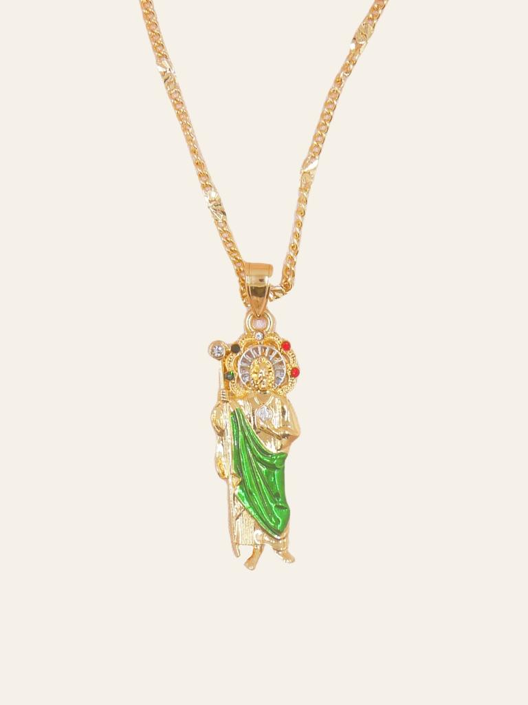14K Gold Plated Green St. Judas St. Jude Pendant Necklace