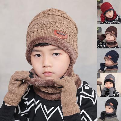 Kids Solid Color Knitted Wool Scarf Hat Warm Three Sets