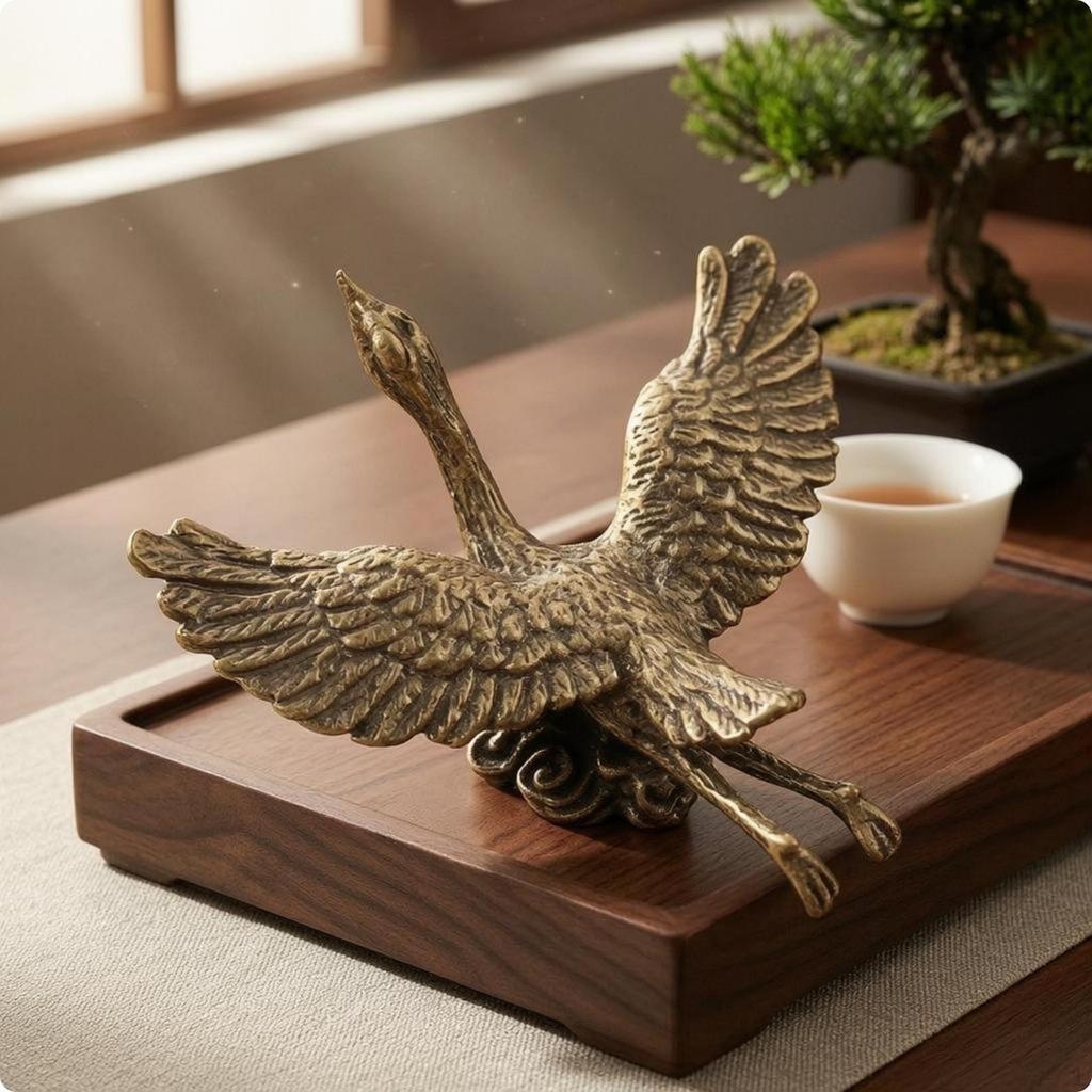 Gilded Crane Figurine Engraved Feathers Antique Statue Textured Decorative Bird Sculpture