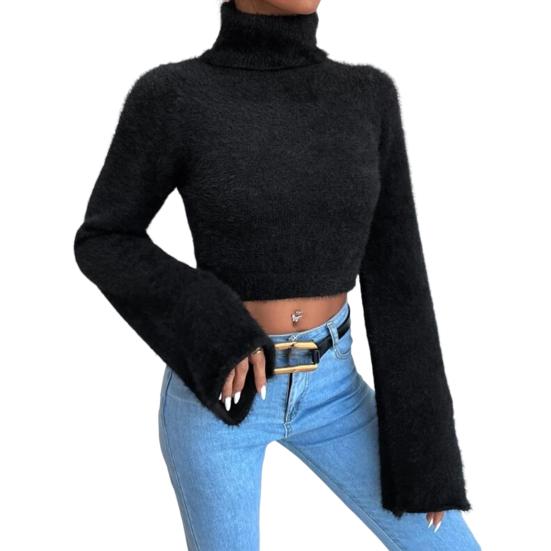 

Женский укороченный свитер с высоким воротником, расклешенный, с длинным рукавом, однотонный, облегающий S чёрный