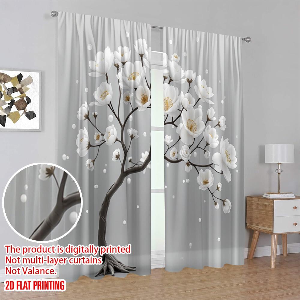Set Of 2 Flat Printing Curtain White Flower Tree Protecting Privacy Birthday Party Use Room Parties Decor Polyester