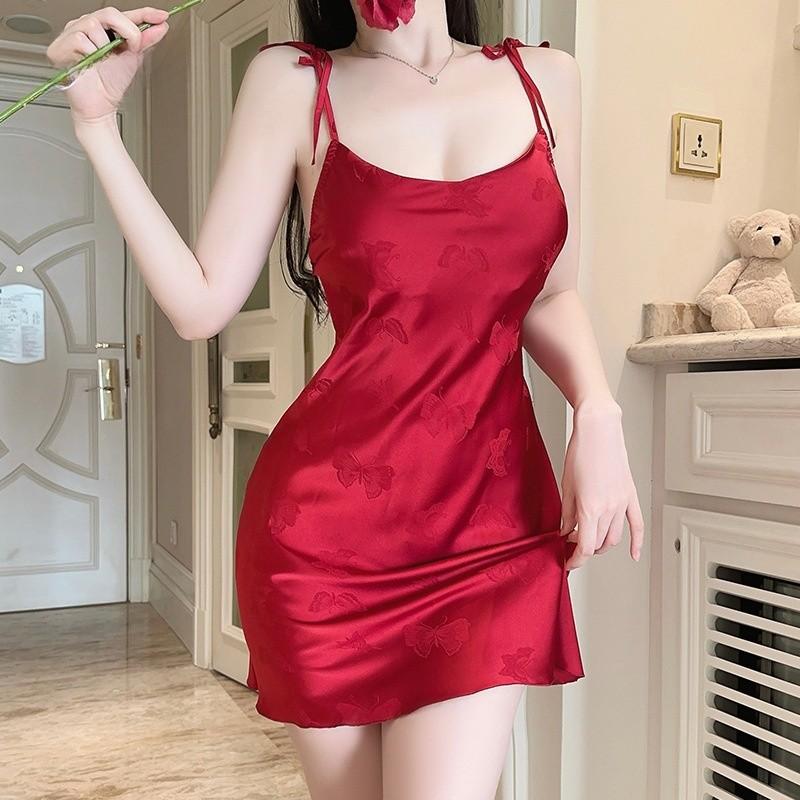 Satin Butterfly Print Sleepwear Set With V Neck And Chest Padded For Women
