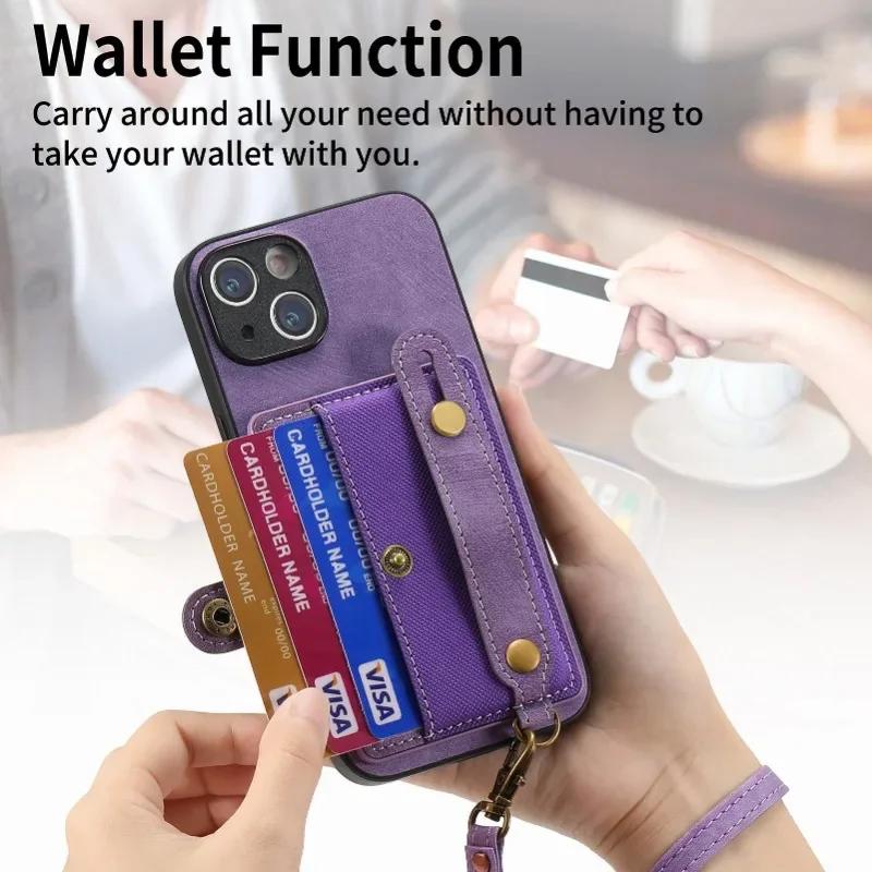 Wrist Strap PU Leather Stand Phone Case for IPhone 13 12 Mini 16 15 14 11 Pro Max XS X XR 8 7 Plus Wallet with Card Holder Cover
