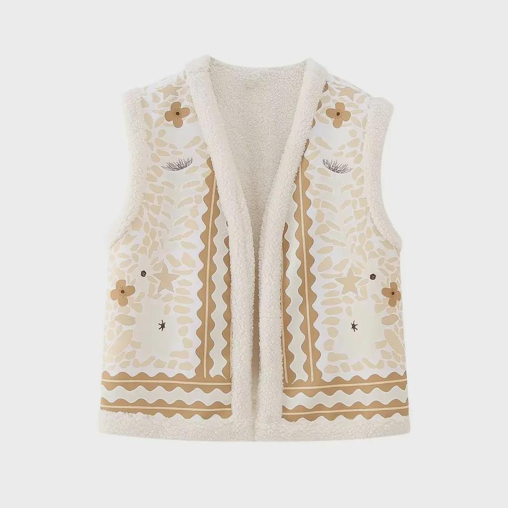 2023 Autumn/Winter Ethnic Style Retro Print Velvet Slim Fit Vest Jacket