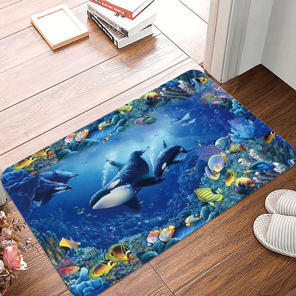 Grand Ocean Scene Door Mat with Whales Dolphins and Tropical Fish Non-slip Floor Rug for Entrance Home Decorative Mat