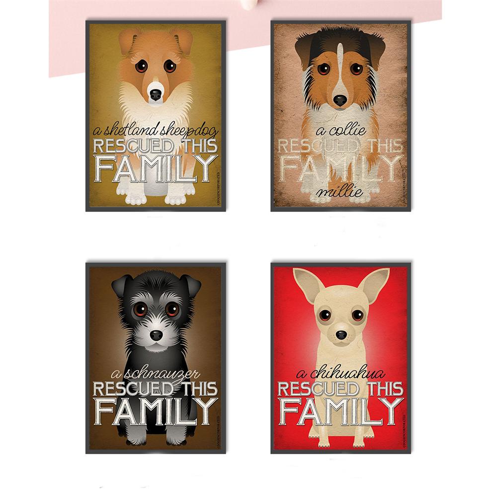 Hanging Wall Art Retro Dog Poster Canvas Painting Rescued This Family Animals Wall Pictures for Living Room Home Decor Kids Gift