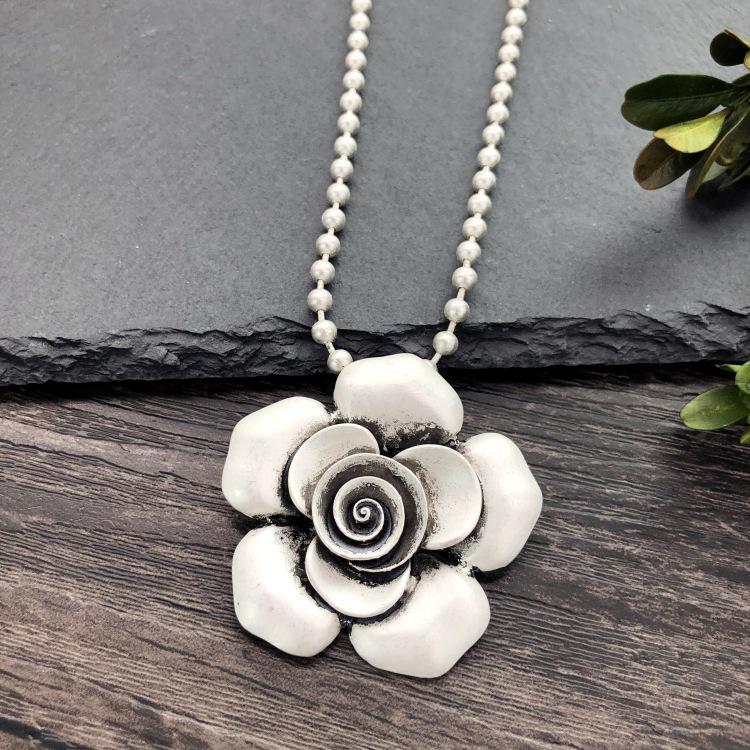 Vintage Thai silver long necklace flower pendant simple long sweater chain accessories women