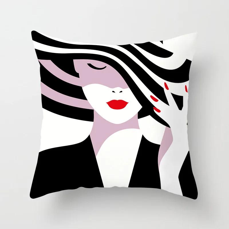 Black and White Geometric Portrait Pillowcase Home Sofa Office Cushion  Cover  Decor Car Decoration