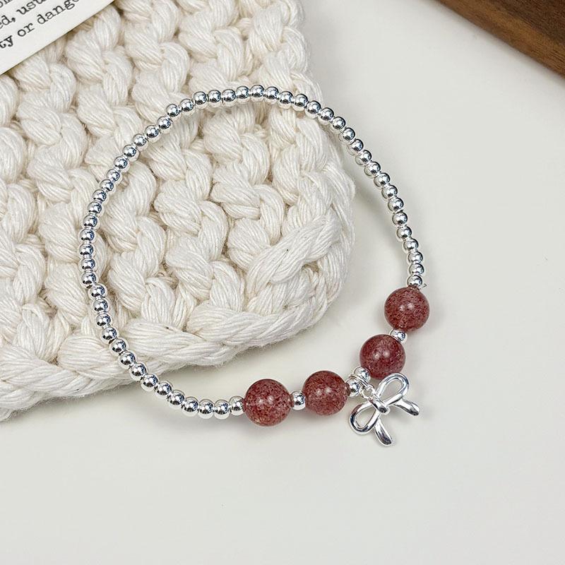 s925 sterling silver strawberry crystal bow bracelet for girls, Instagram summer sweet and girlish, simple elastic string