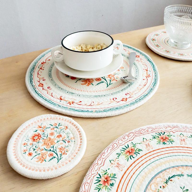 1Pc British Style Flower Printed Round Cotton Woven Insulation Pad Table Plate Mat Dinner Placemat Dish Cup Coaster