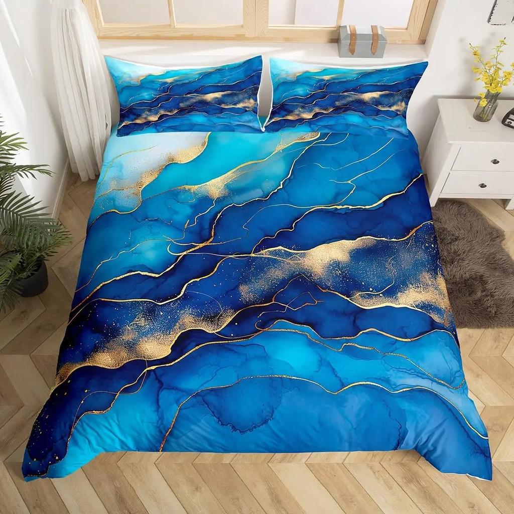 Blue Marble Duvet Cover, Geometric Comforter Cover Twin Queen Size Golden Stone Pattern Bedding Set Abstract Trippy Quilt Cover