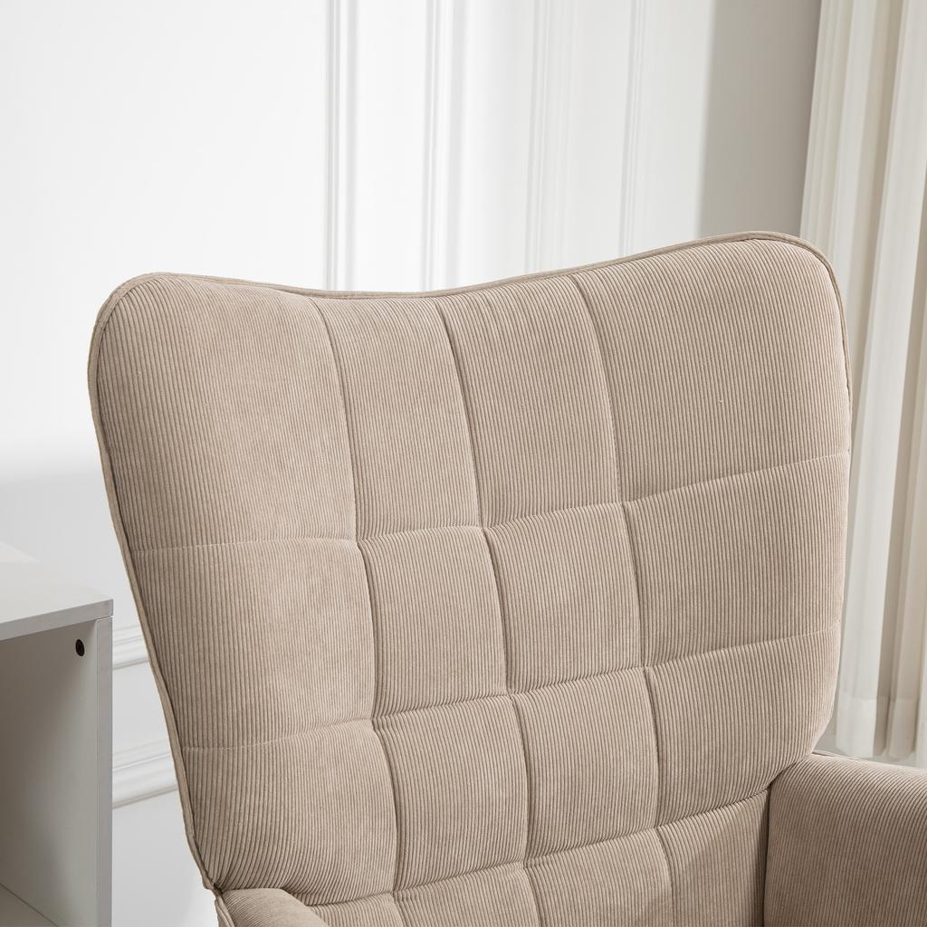 Accent Chair with Stool, Recliner In Corduroy Look, Armchair with Wooden Legs, for Living Room, Light Brown