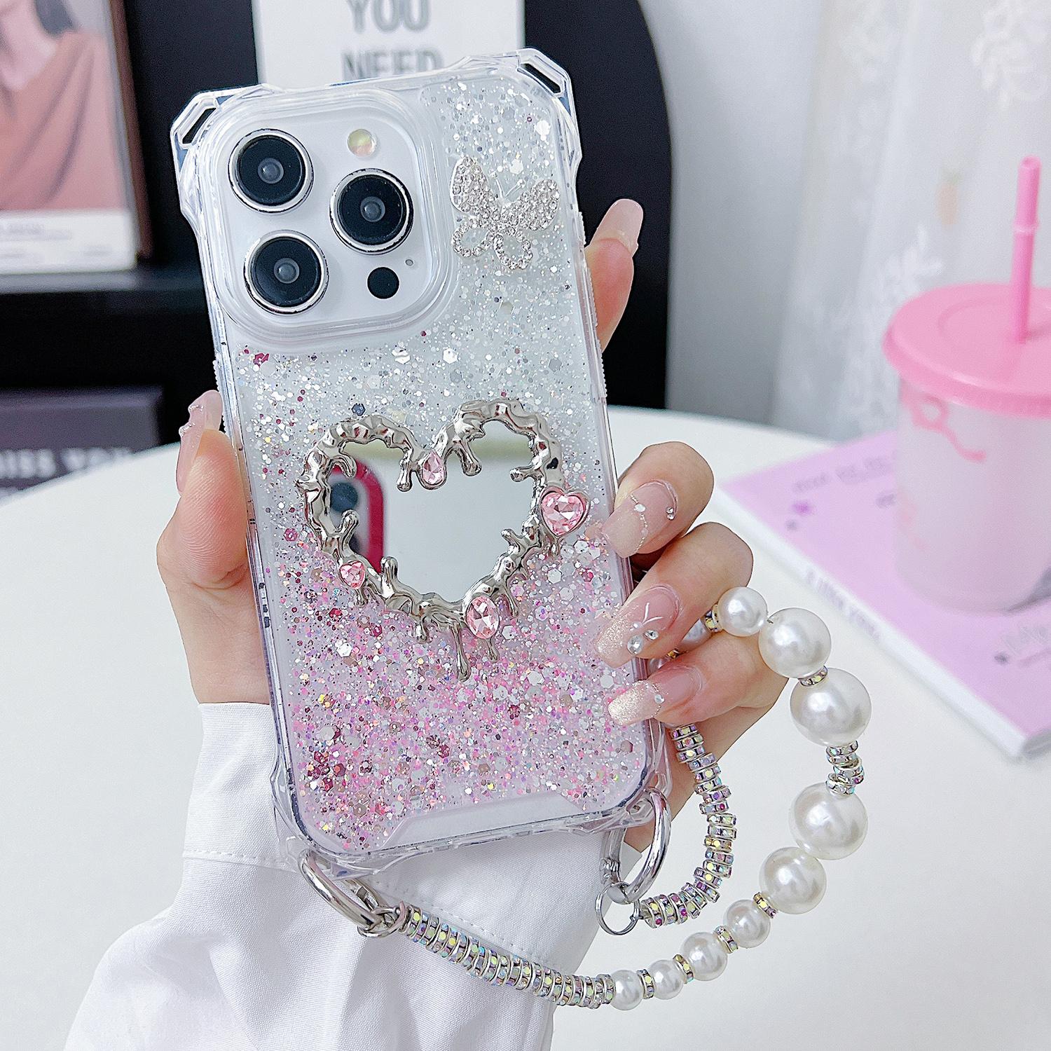

For iPhone 15 Pro Max Case with Strap,Mirror Epoxy Glitter TPU+Acrylic Phone Back Cover Pink/White