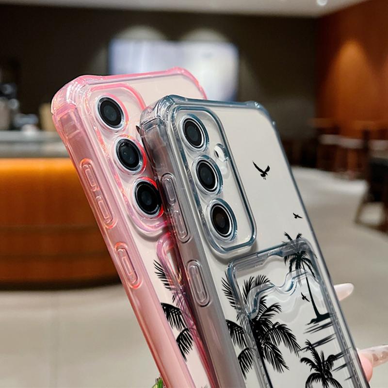 Coconut Tree Print Clear Card Slot Case For Samsung S25 S24 FE S23 Ultra A56 A36 A16 A55 A35 A15 Slim Soft Silicone Shockproof Phone Cover