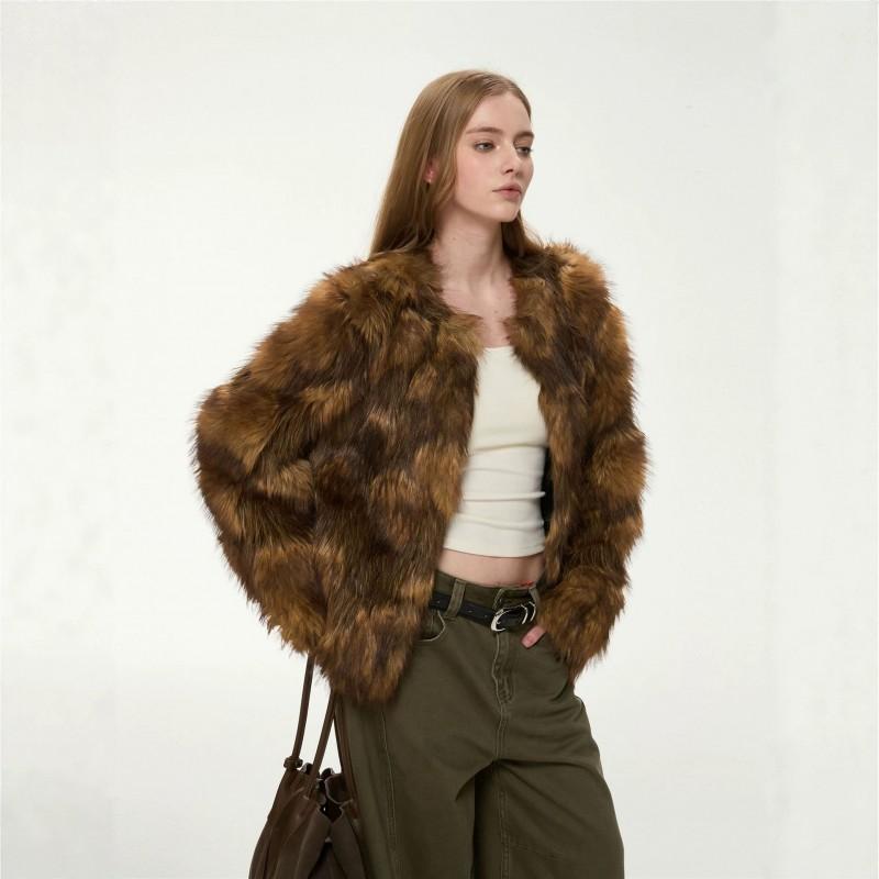 Reed Dream Vintage Fox Fur Coat Womens Winter Loose Fit Round Neck Faux Jacket