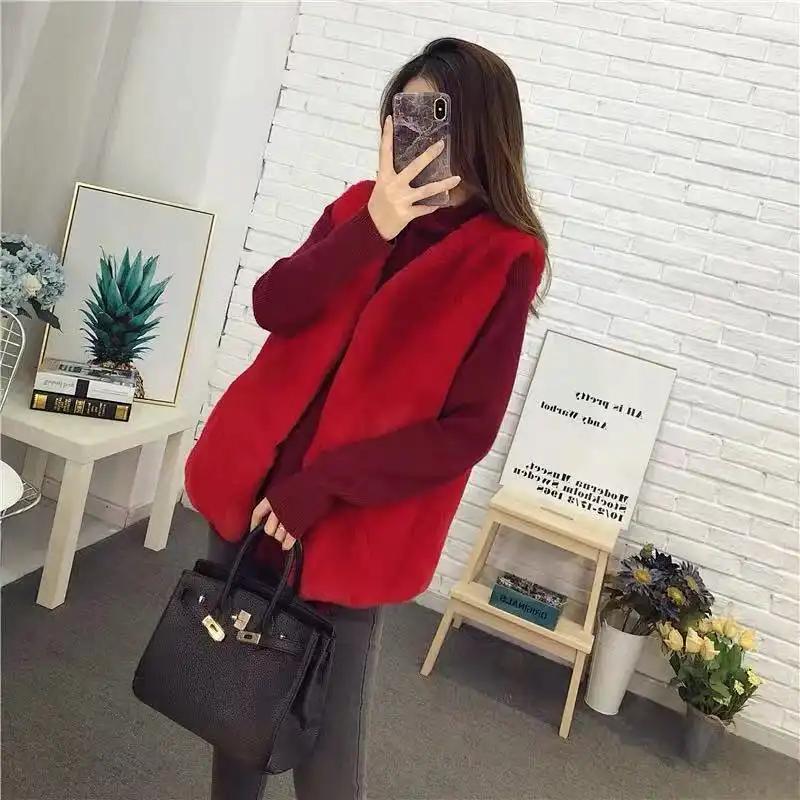 Women's Mid-Length Black Faux Fur Vest Open Front Warm Winter Gilet Slim and Versatile Outer