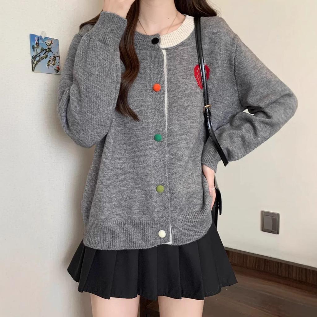Korean Youthful Color Block Round Neck Strawberry Knit Cardigan Women Designer Sweater Top