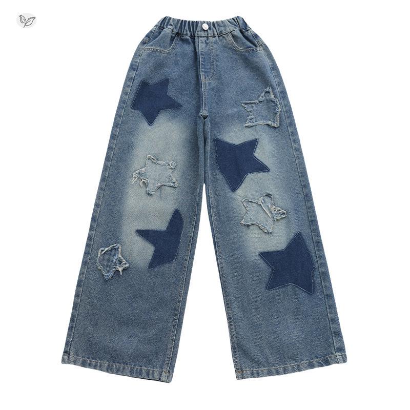 2025 Korean Style Girls' Wide-Leg Autumn Pants with Star Applique Embroidery