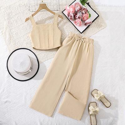 Girls' Fashionable Outfit - Summer Children's Solid-color Camisole Top and Casual Pants Set