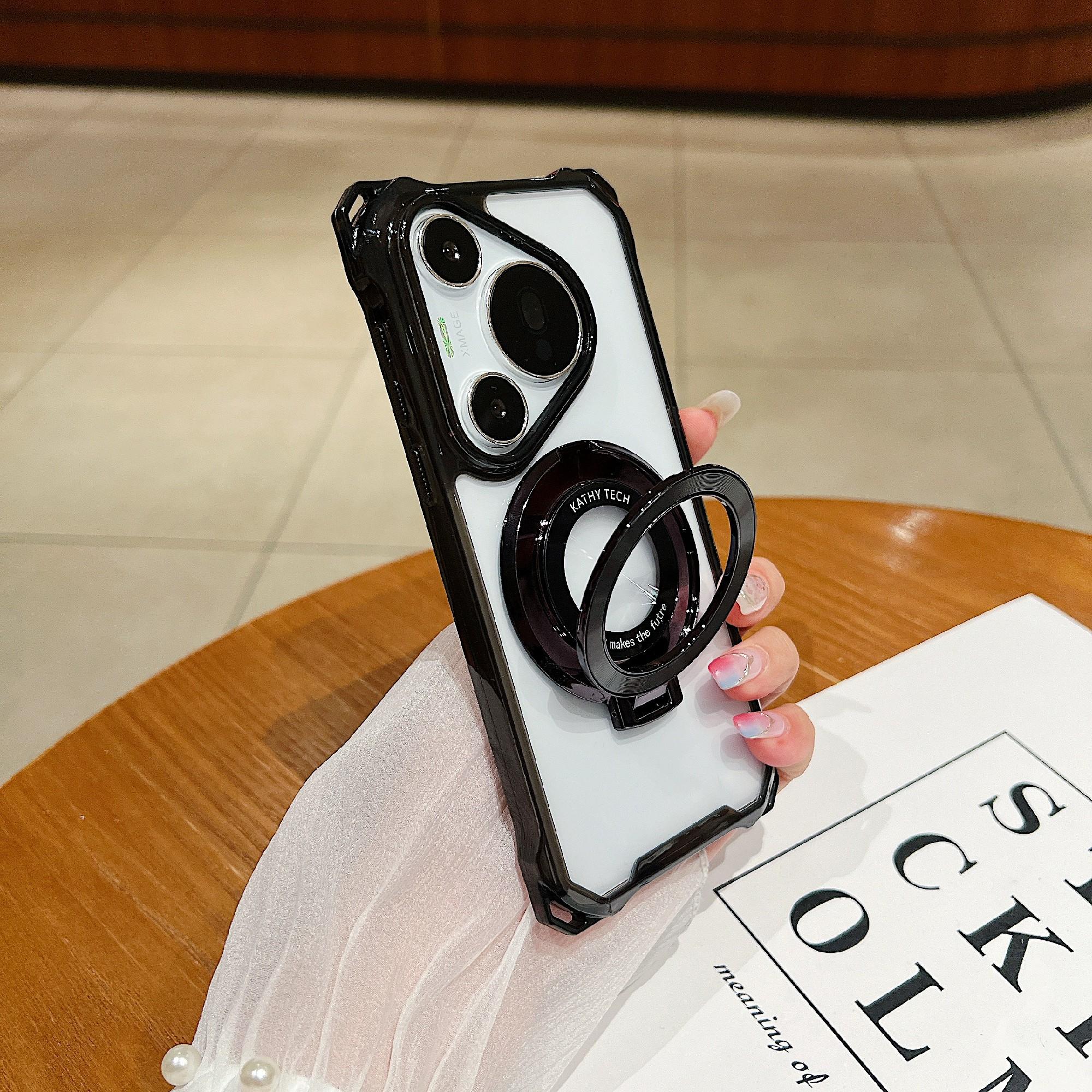 

For Huawei Pura 70 Pro/Pura 70 Pro+ Case TPU+Acrylic Phone Cover with Magnetic Ring Kickstand Black