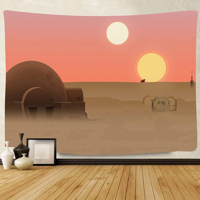 F-FUN SOUL Twin Suns Planet Wars Tapestry, 80x60inchs Soft Flannel, Desert Globe Tatooine Wall Hanging Tapestries for Living Room Bedroom Home Decor 30L x 40W