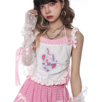 2024 Fashion Sexy Cartoon Print Sweet Tank Tops Women Y2k Aesthetic Halter Bow Patchwork Tanks Lace Basic Backless Cropped