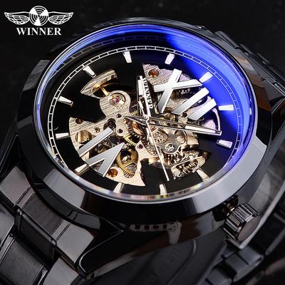 Blue Light Glass Skeleton Dial Automatic Watch Black Luminous Waterproof Stainless Steel Mechanical Watch Montre Homme