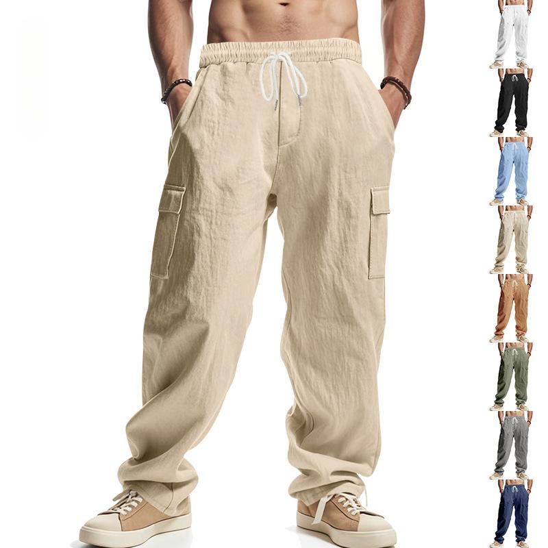 Men's linen trousers four seasons thin section breathable workwear multi-pocket loose casual trend wide-legged trousers