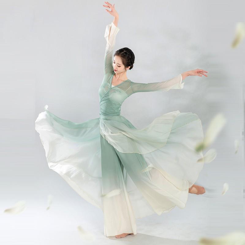 Elegantes chinesisches klassisches Tanzgaze-Kleid - Schlankmachendes Feenstil-Auftrittskostüm